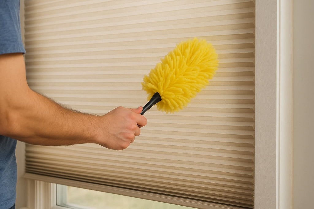 a man cleaning cellular blinds